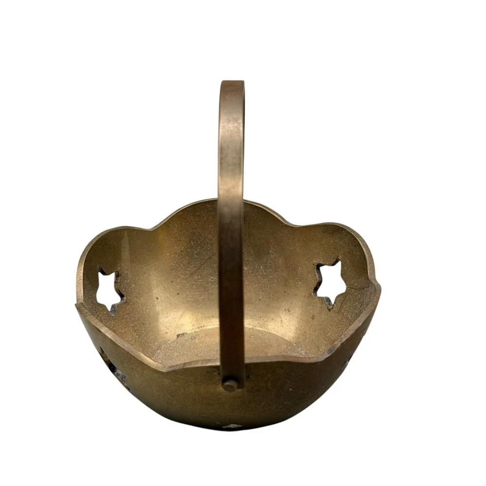 Vintage Brass Mini Basket Scalloped Star Cutout Trinket Dish Made in India